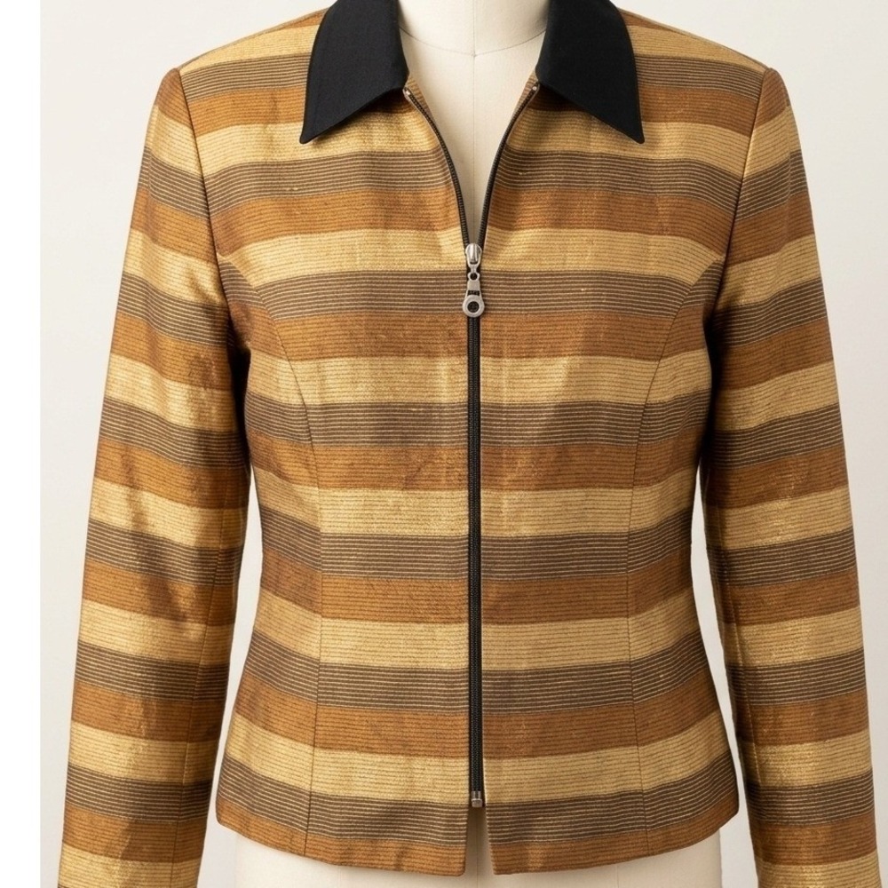 Vintage Nina Piccalino Striped Zip-Up Jacket Blazer Gold Tones Size 10
